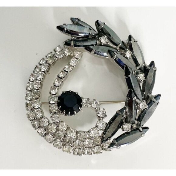 VTG Clear Rhinestone & Black Gunmetal Prong Set Chunky Brooch‎ Statement Rare - Picture 1 of 3